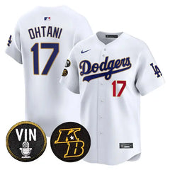 LA Dodgers Shohei Ohtani White Limited Stitched Jersey – 2026 Vin & Kobe Patch, Gold Trim