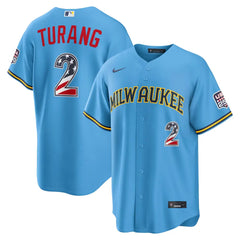 Milwaukee Brewers Brice Turang Light Blue USA 250 Fourth of July Road Stitched Jersey