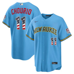 Milwaukee Brewers Jackson Chourio Light Blue USA 250 Fourth of July Road Stitched Jersey