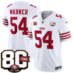 San Francisco 49ers #54 Fred Warner White 80th Anniversary And 4-Star C Patch 2026 Limited Stitched Jersey