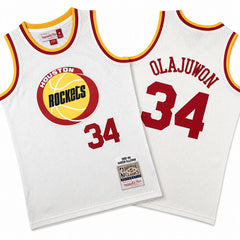 Hakeem Olajuwon 34 Red Rockets Cream Chainstitch Stitched Jersey