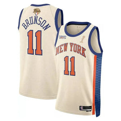 Knicks #11 Jalen Brunson Cream 2025-26 Finals Champions Patch City Edition Jersey Stitched