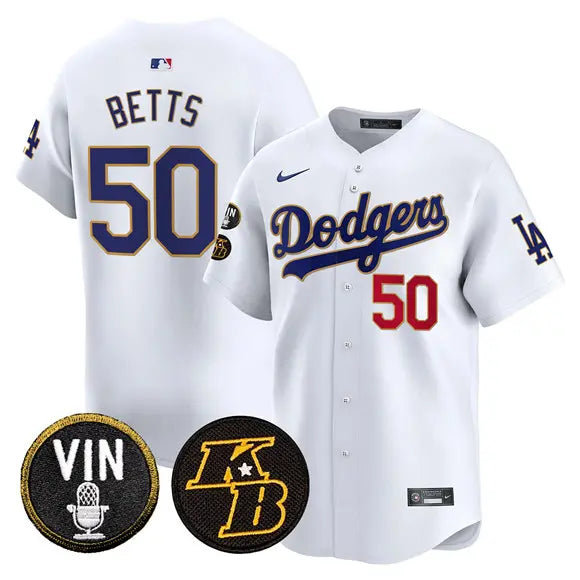LA Dodgers Mookie Betts White Limited Stitched Jersey – 2026 Vin & Kobe Patch, Gold Trim