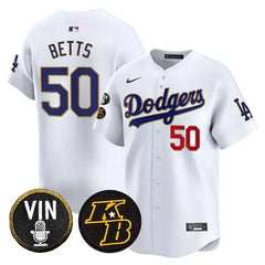LA Dodgers Mookie Betts White Limited Stitched Jersey – 2026 Vin & Kobe Patch, Gold Trim