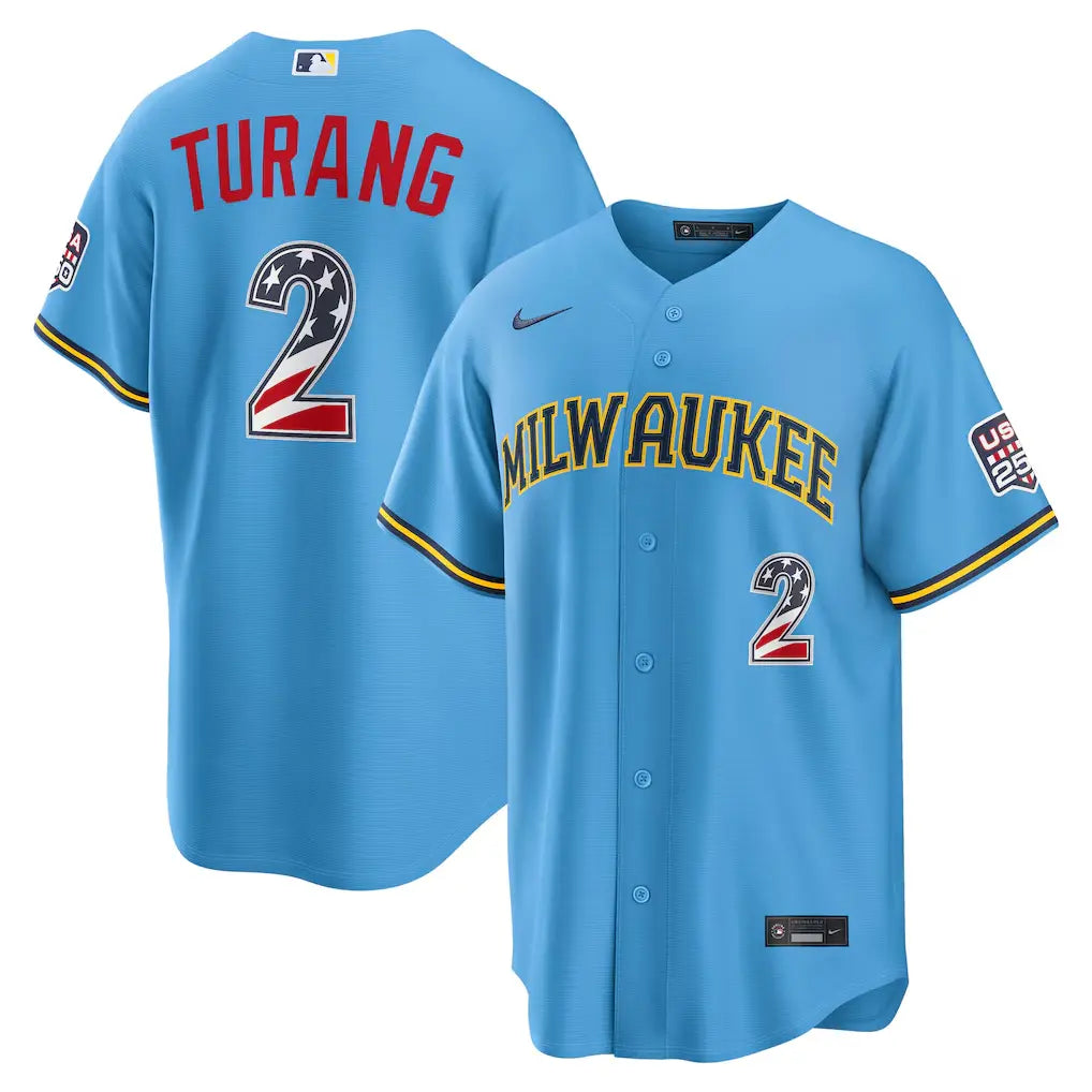 Milwaukee Brewers Brice Turang Light Blue USA 250 Fourth of July Road Stitched Jersey
