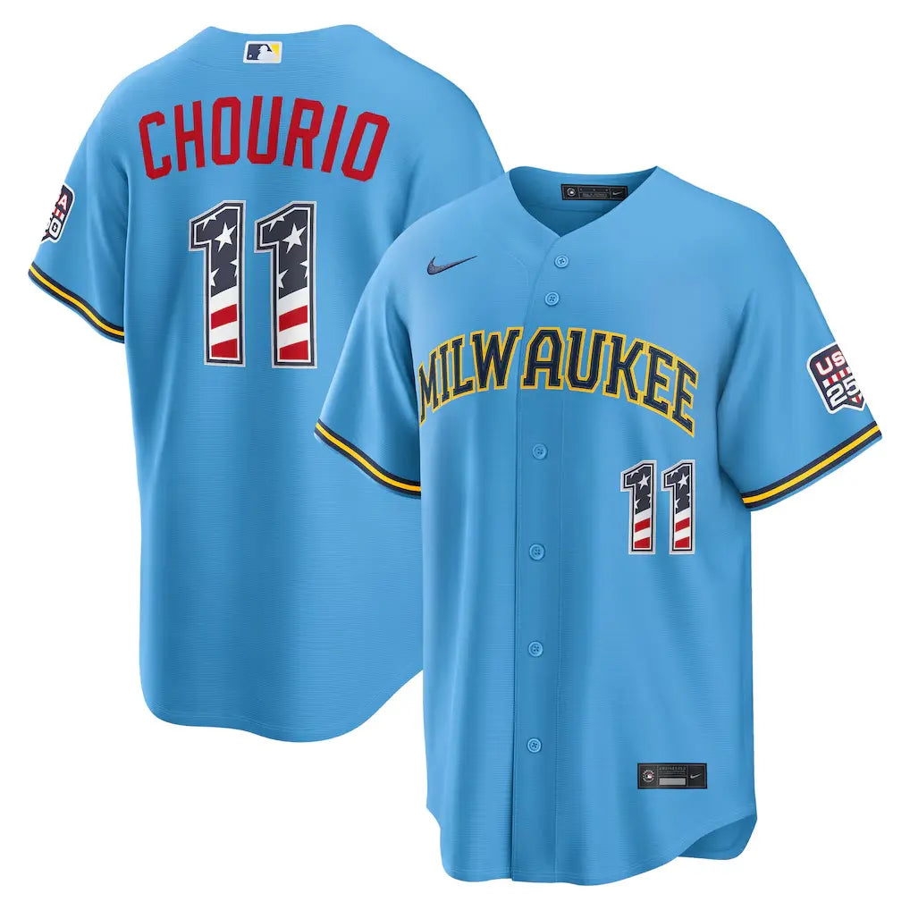 Milwaukee Brewers Jackson Chourio Light Blue USA 250 Fourth of July Road Stitched Jersey
