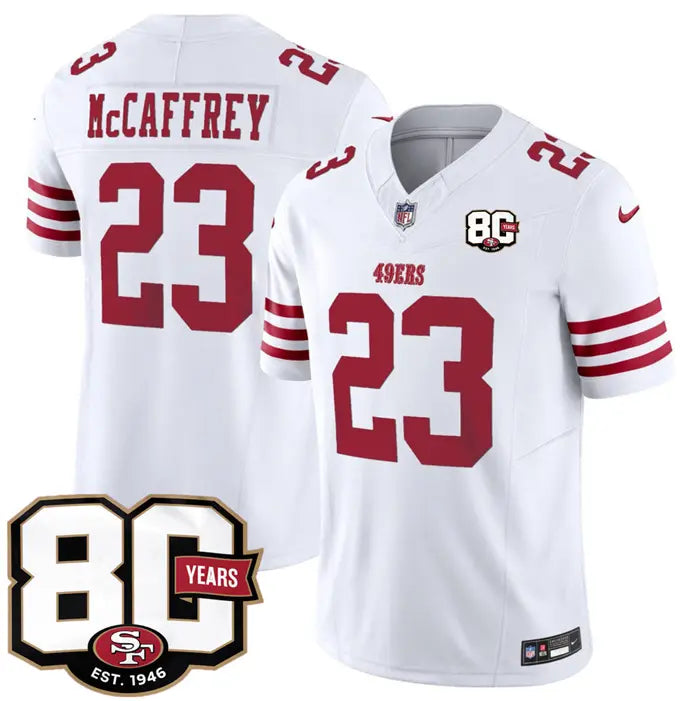 San Francisco 49ers #23 Christian McCaffrey White 80th Anniversary 2026 Limited Stitched Jersey
