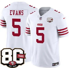 San Francisco 49ers #5 Mike Evans White 80th Anniversary 2026 Limited Stitched Jersey