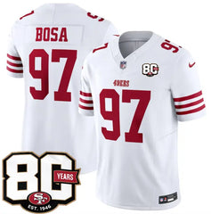 San Francisco 49ers #97 Nick Bosa White 80th Anniversary 2026 Limited Stitched Jersey