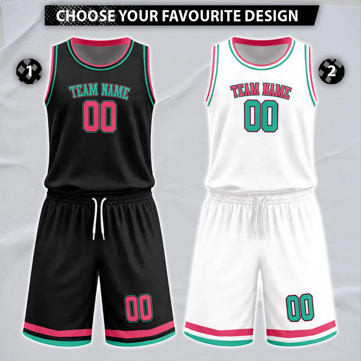 Basketball Set Jersey, Black Neon Pink-Aqua Design